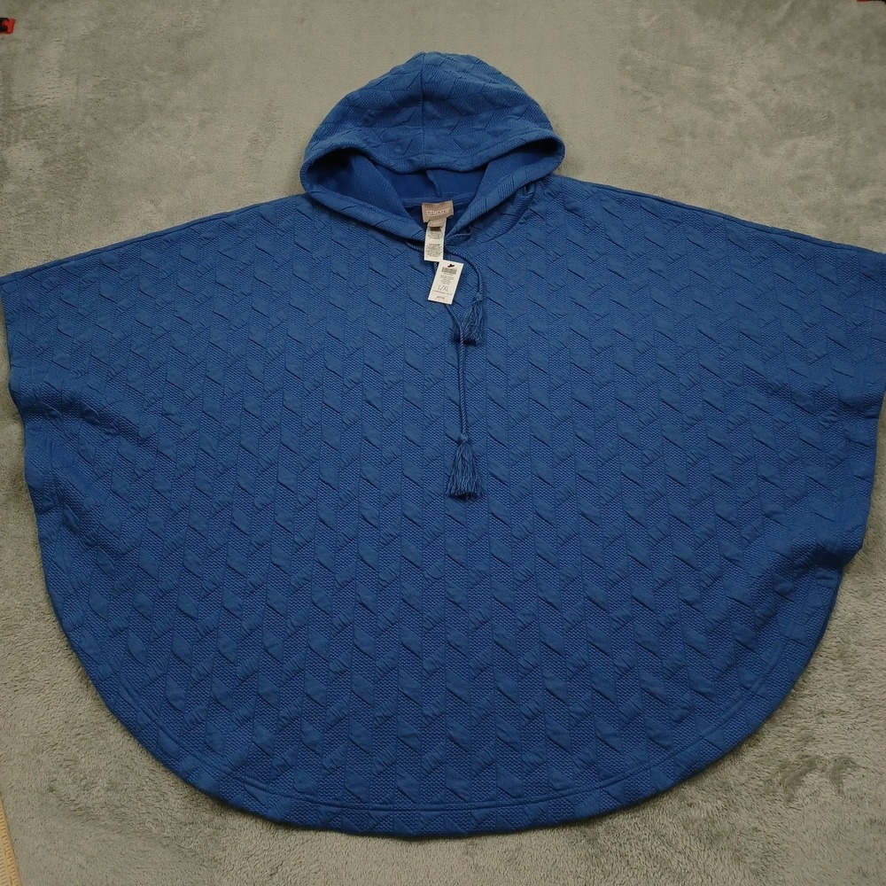 Chicos Sweater Womens Large Blue Quilted Poncho Hooded Preppy NWT